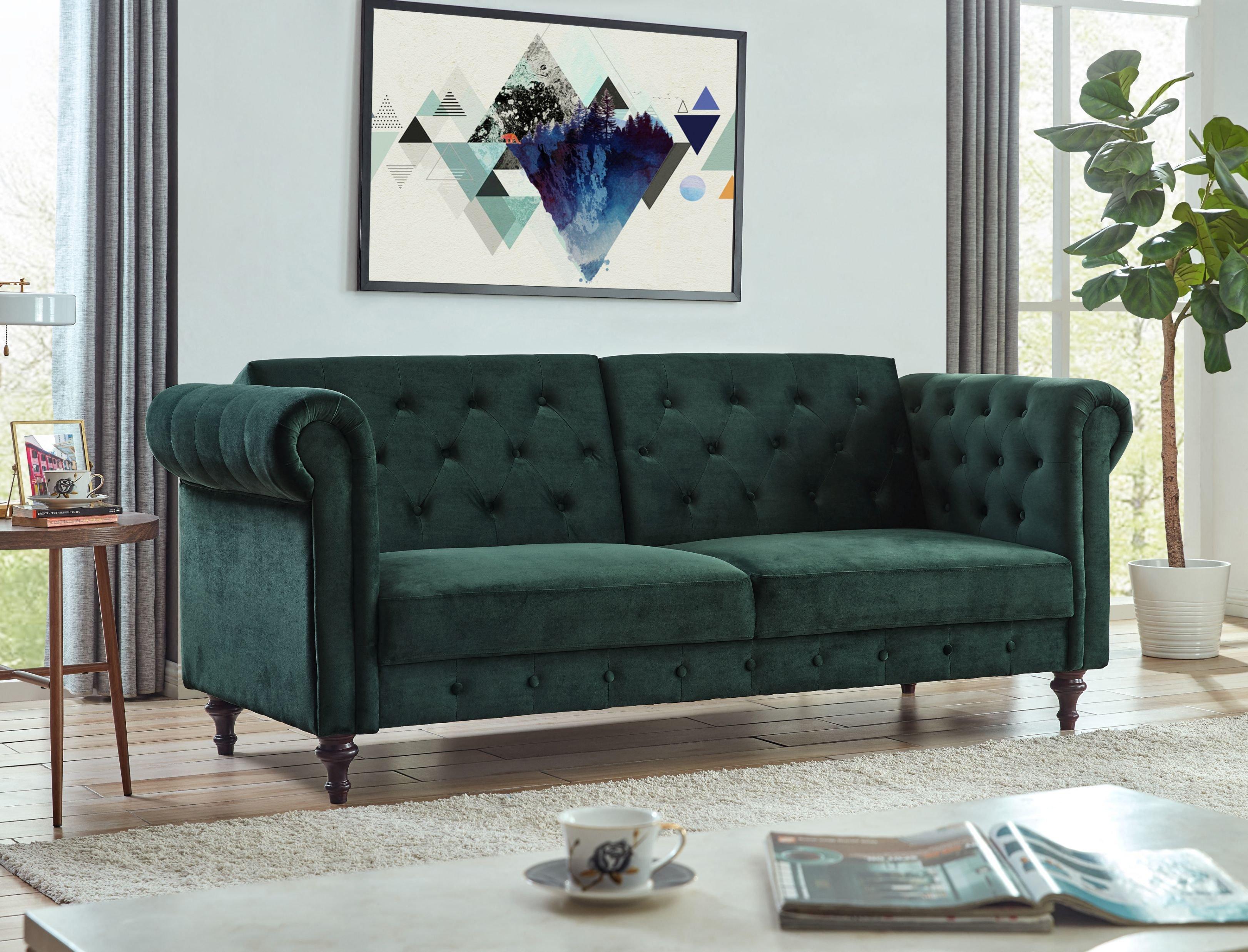 Calgary Velvet Sofa Bed Chesterfield Design With Scroll Armrests and Wooden Legs